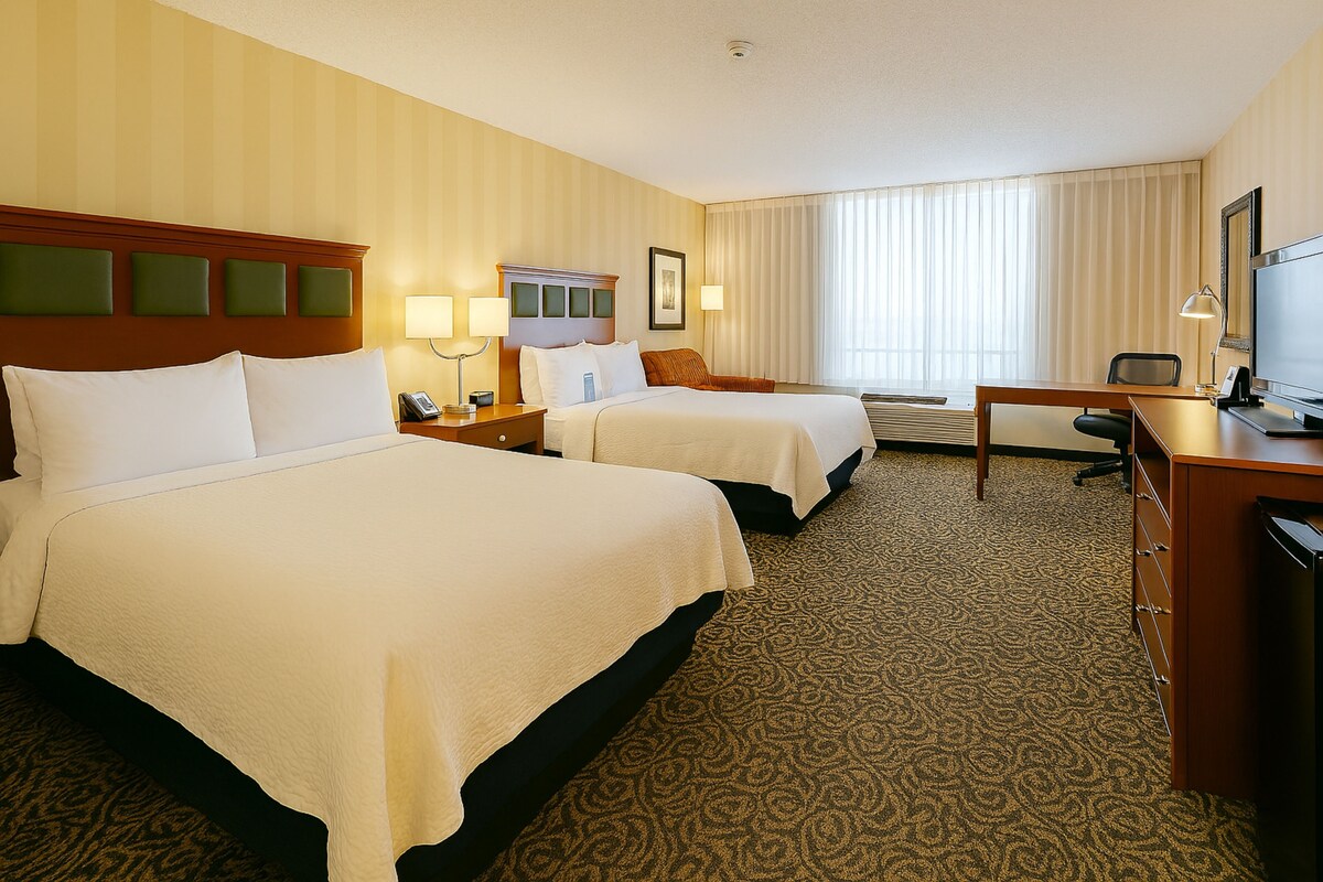 A hotel room with two beds, a desk, a television, and a window with curtains.