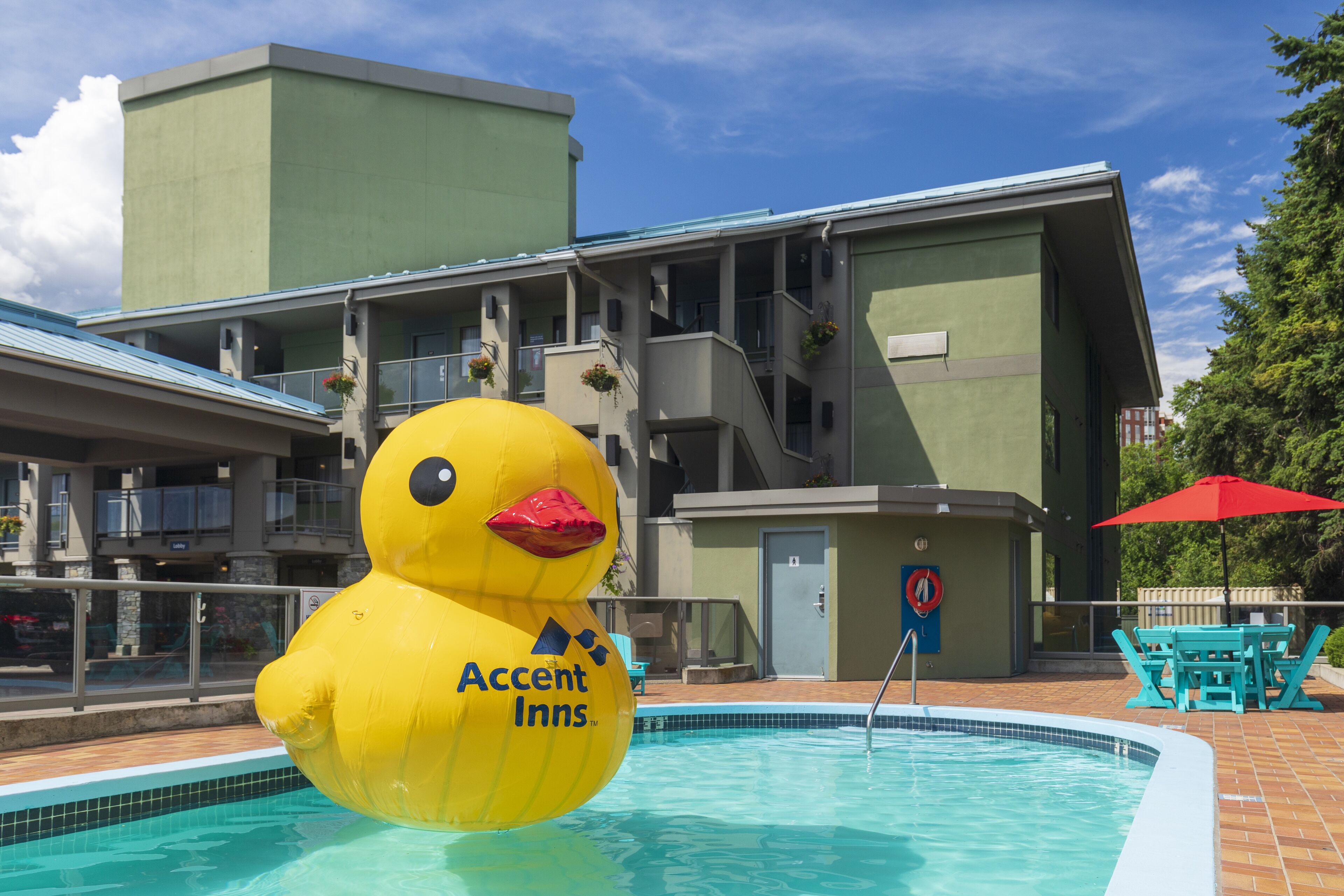 Zona de piscina con un pato inflable gigante y una sombrilla roja.