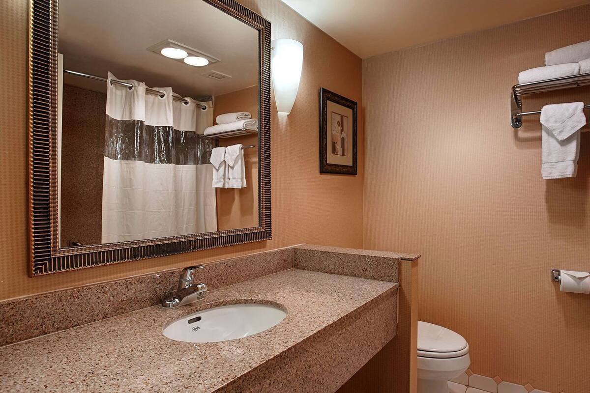 A bathroom with a sink, mirror, towel rack, and toilet.