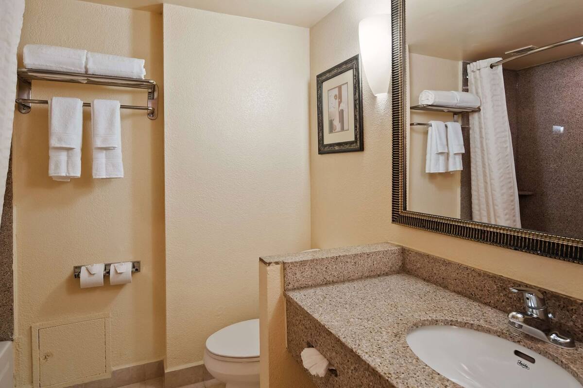 A bathroom with a sink, mirror, towel rack, toilet, and shower curtain.