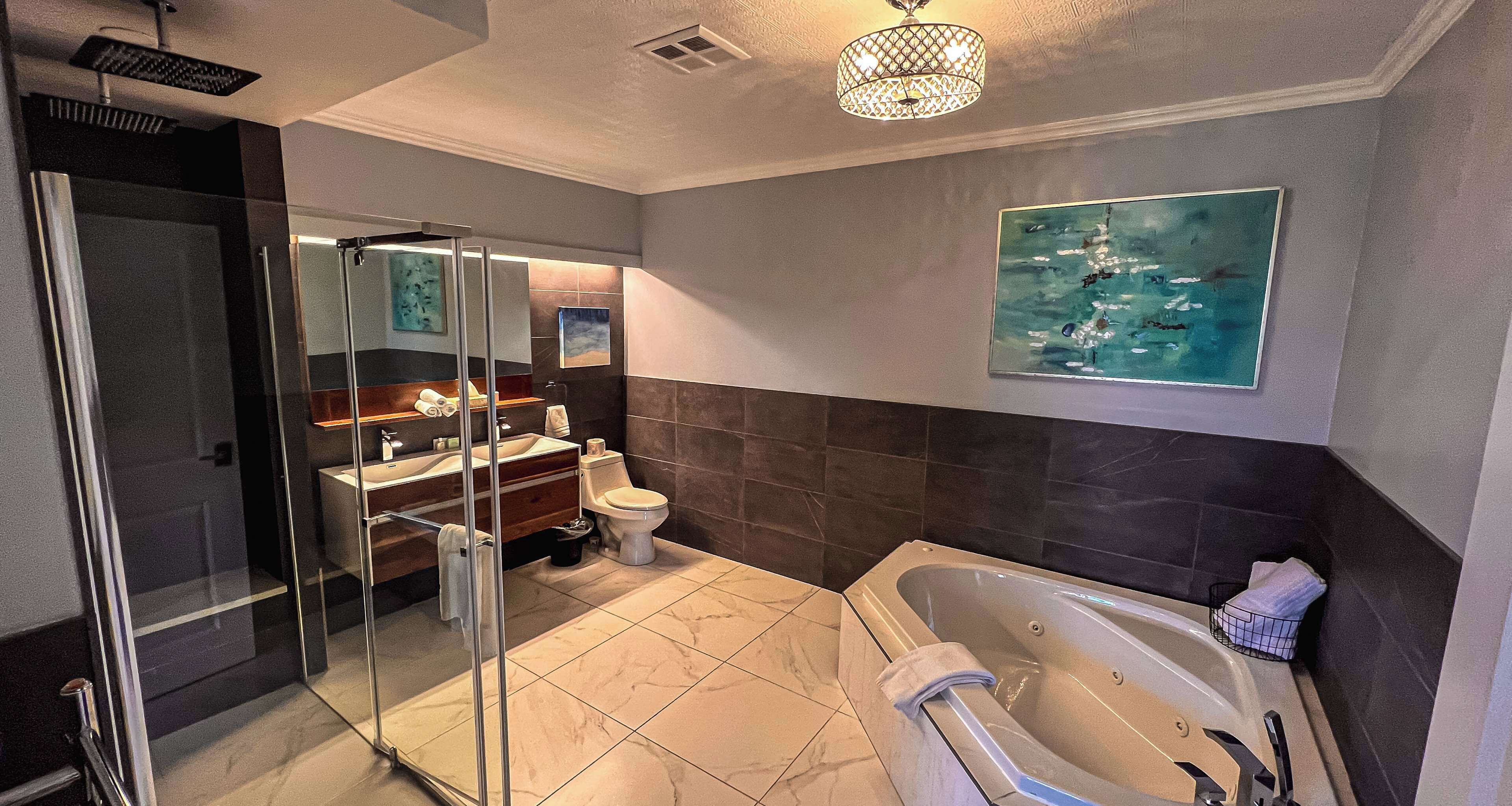 suite, 1 king bed, non smoking, jetted tub (larger room;with sofabed) | bathroom | shower, rainfall showerhead, free toiletries, hair dryer