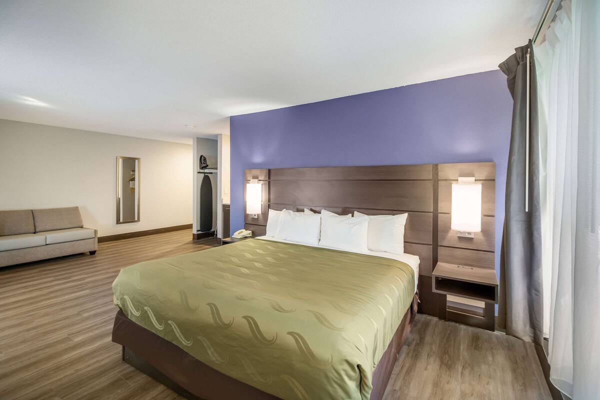 Une chambre d’hôtel avec un grand lit, un canapé, une table de chevet avec une lampe et un miroir.