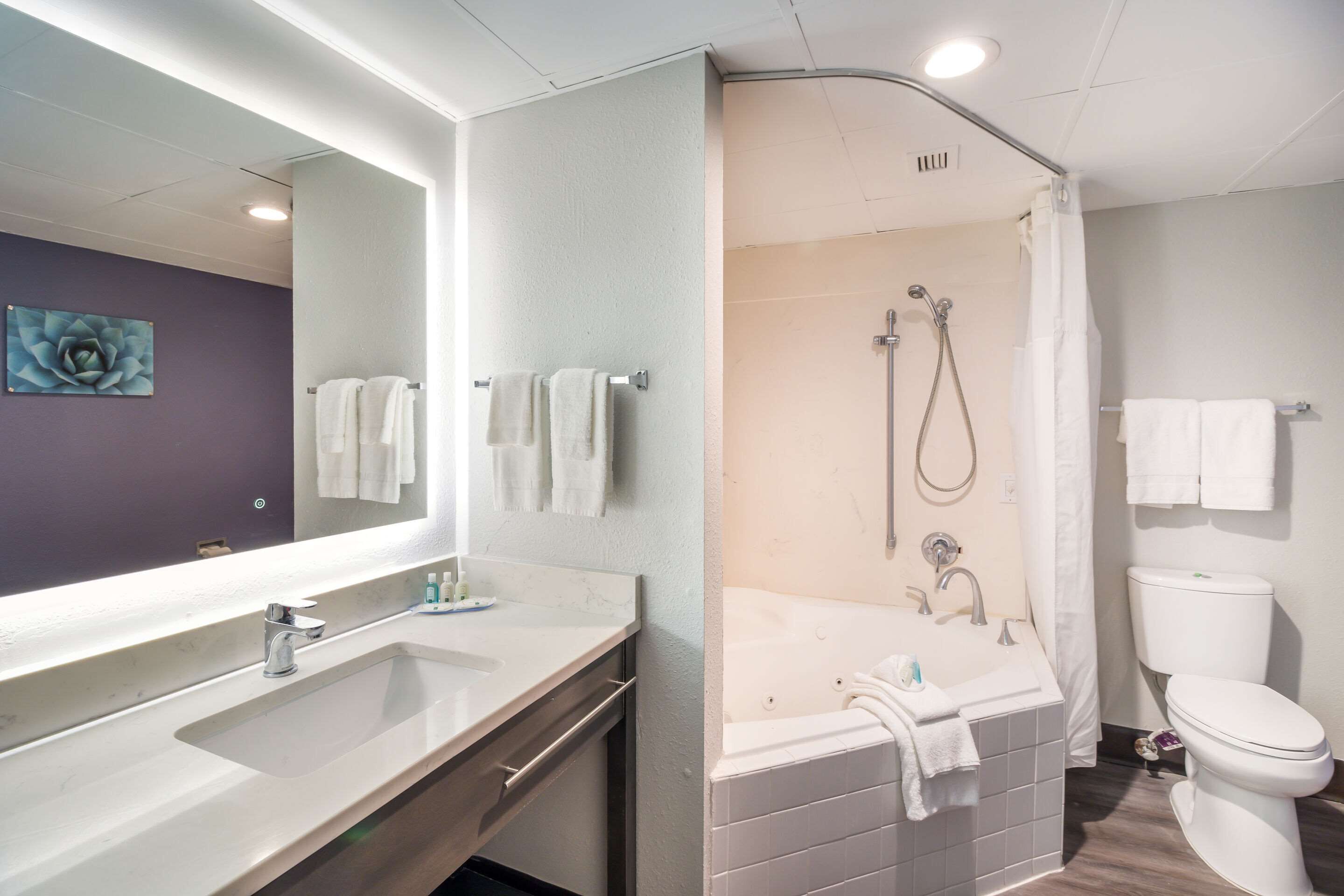 Un baño moderno con lavamanos, espejo, bañera, ducha e inodoro.