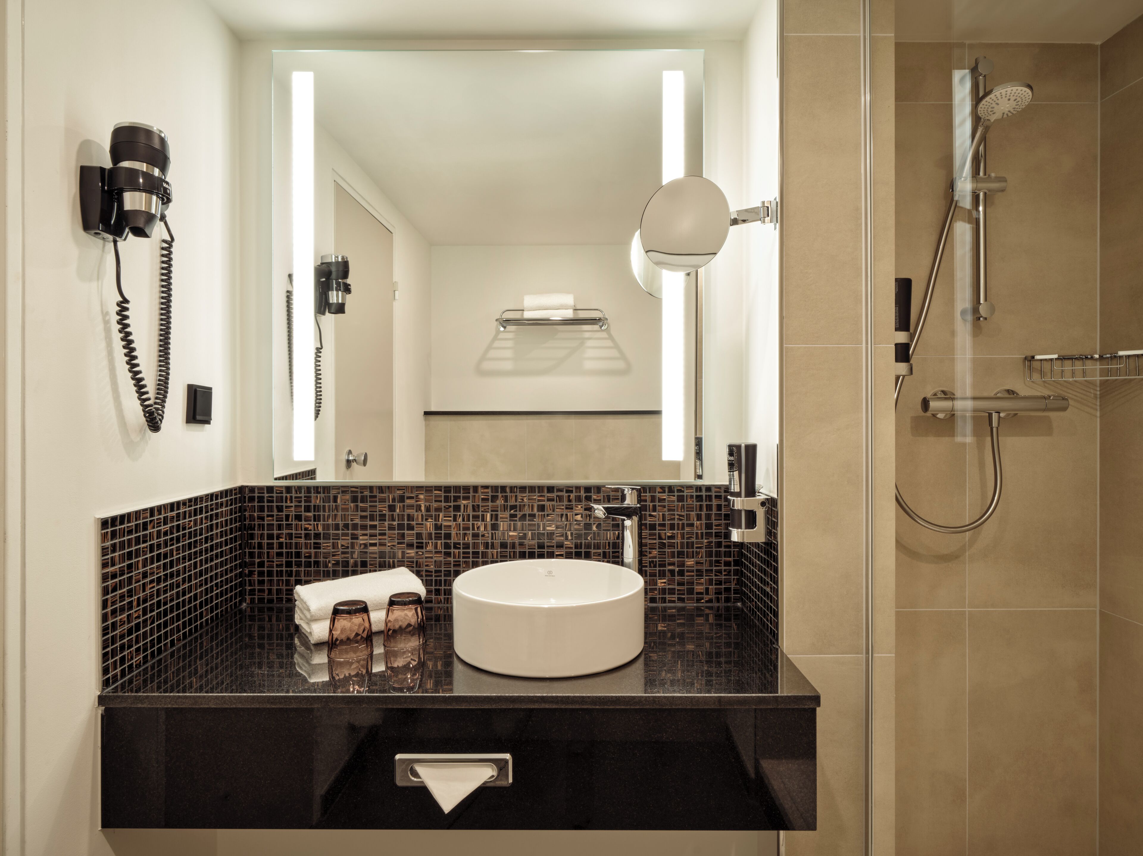 free toiletries, hair dryer, towels