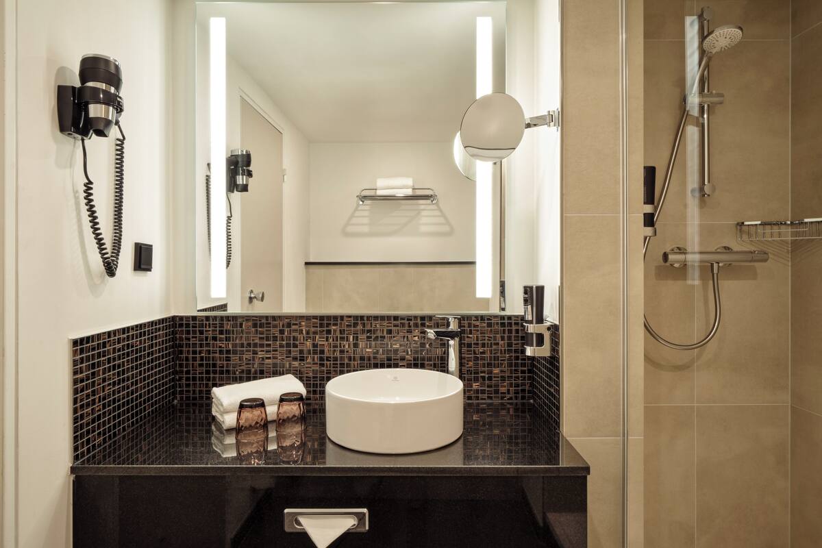 free toiletries, hair dryer, towels