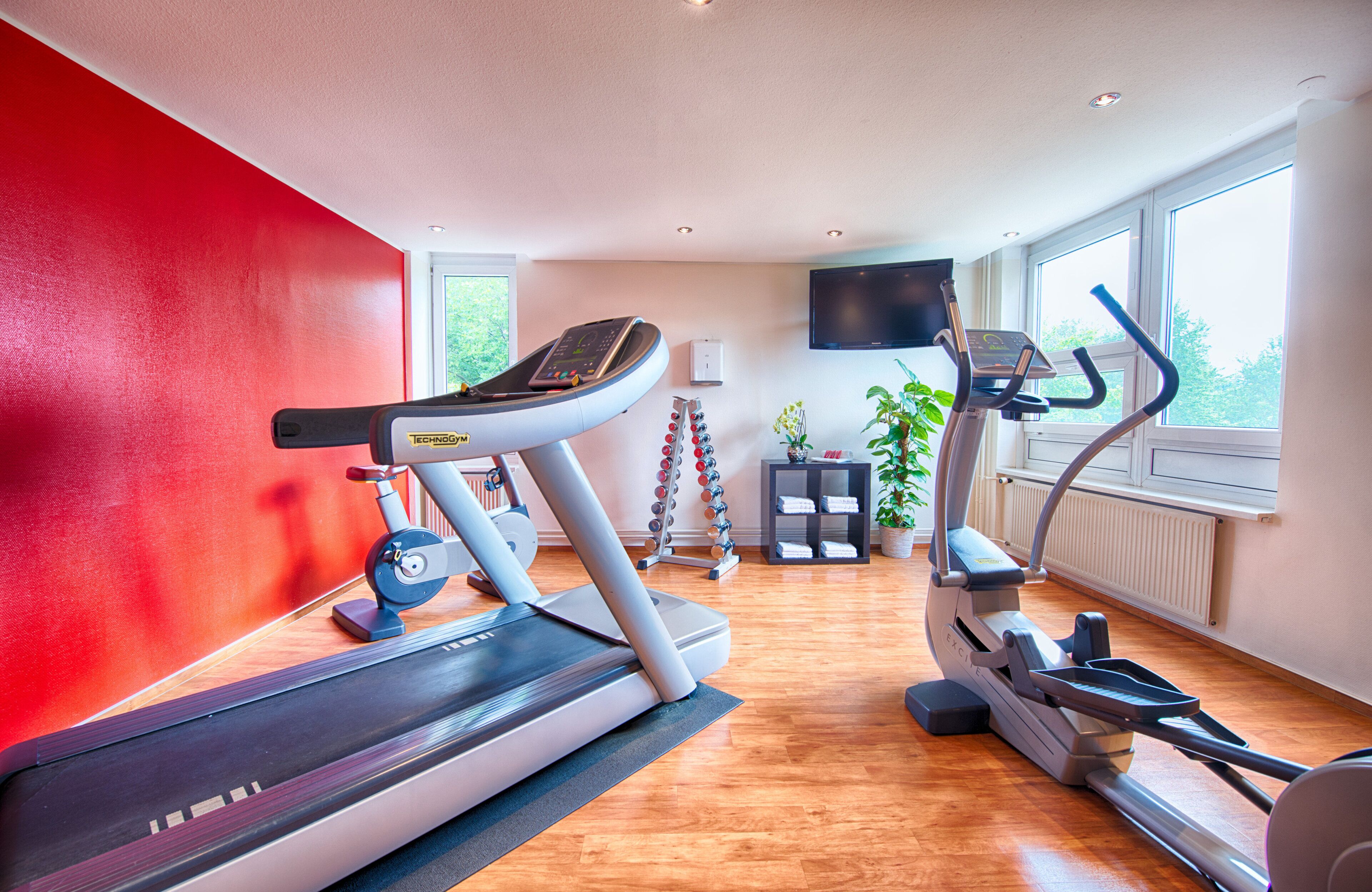 A gym with treadmills, an elliptical, and a stationary bike.