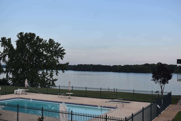 Outdoor pool, pool umbrellas, sun loungers