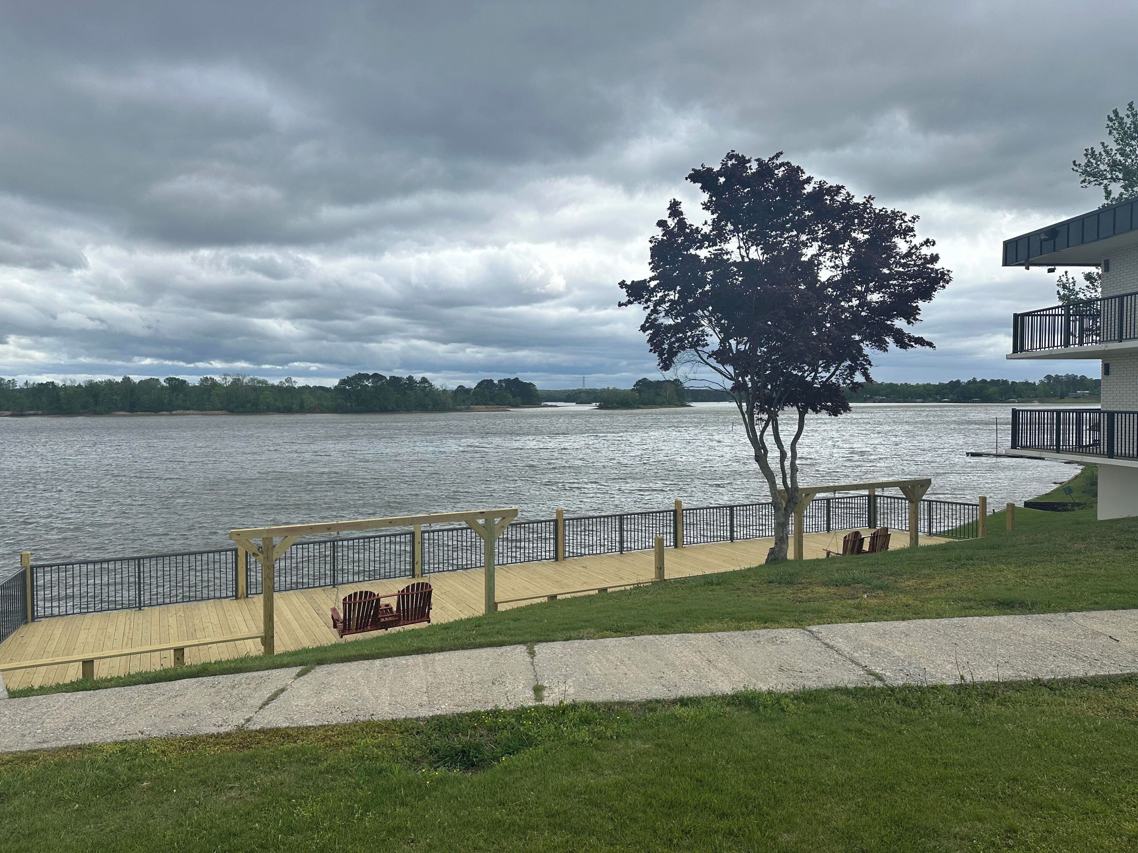 A waterfront property with a wooden deck, a bench, and a tree.
