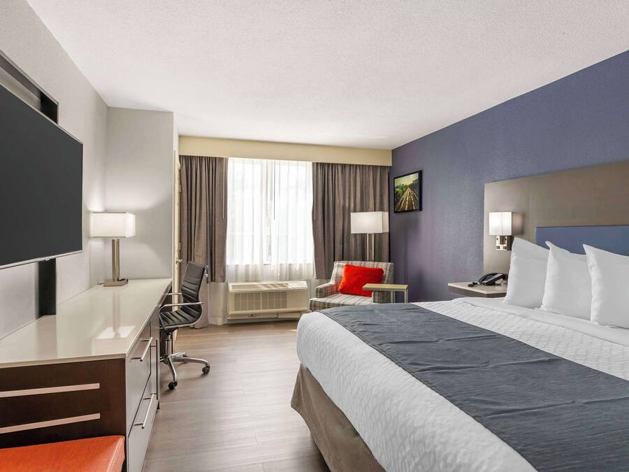 Habitación de hotel con cama, escritorio, silla, televisor, lámpara y ventana con cortinas.