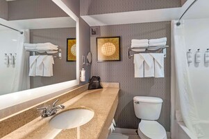 Combined shower/tub, free toiletries, hair dryer, towels