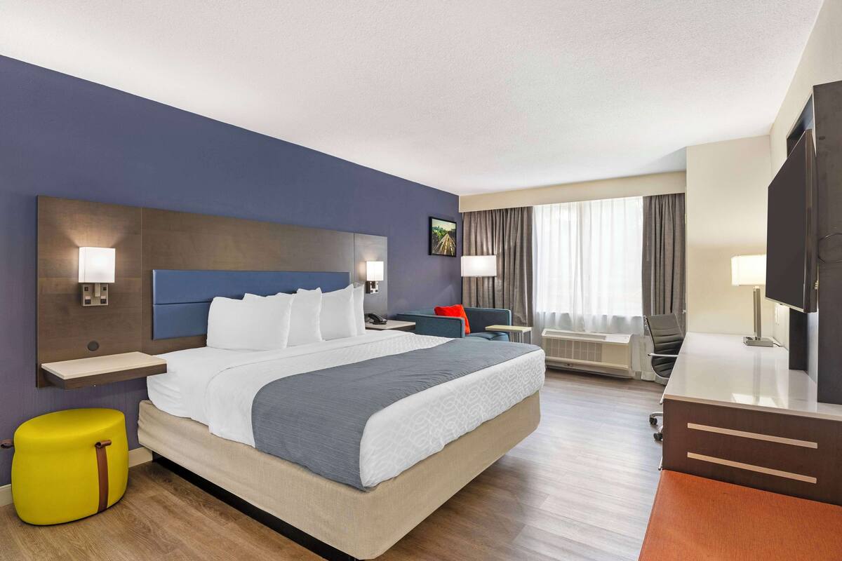 Een hotelkamer met een groot bed, een bureau, een stoel, een televisie en een raam met gordijnen.