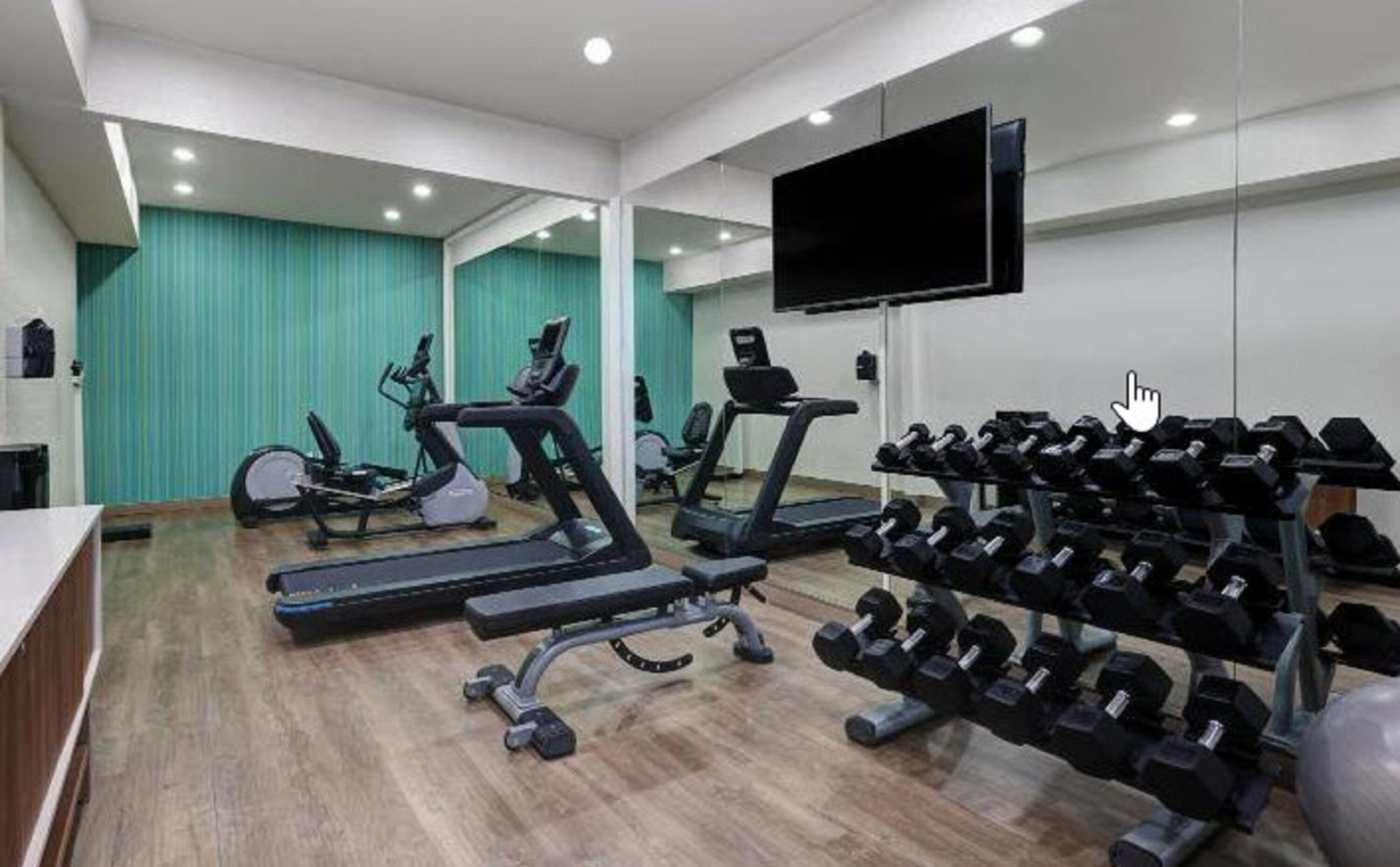 A gym with treadmills, elliptical machines, and a rack of dumbbells.