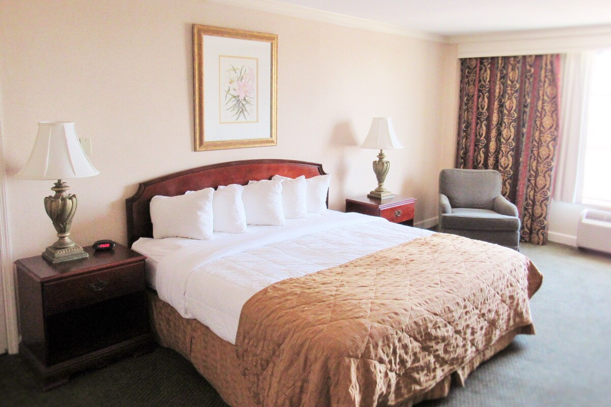 A hotel room with a large bed, two bedside tables with lamps, a chair, a framed picture on the wall, and a window with curtains.