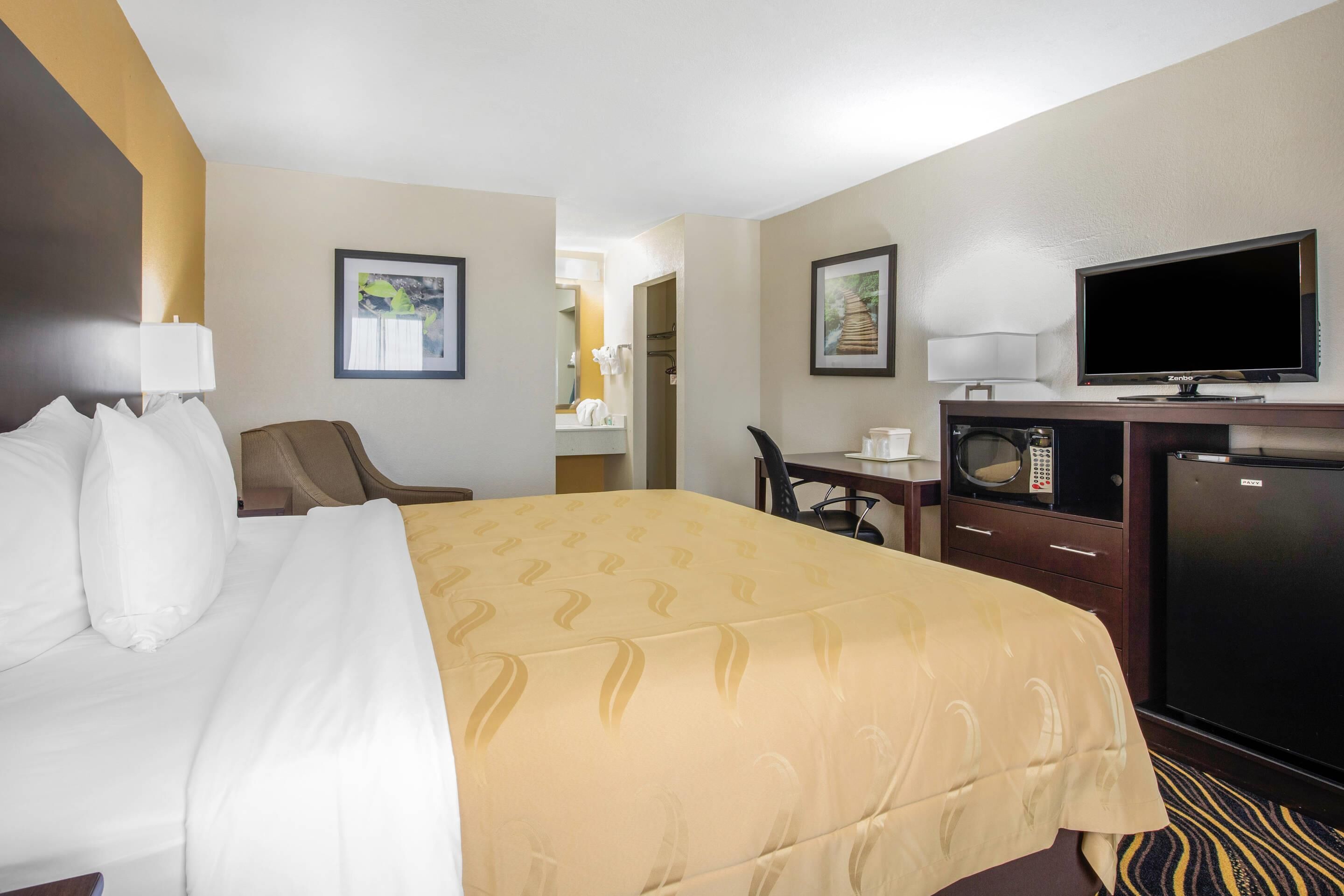 A hotel room with a bed, a desk with a flat-screen TV, a microwave, and a chair.