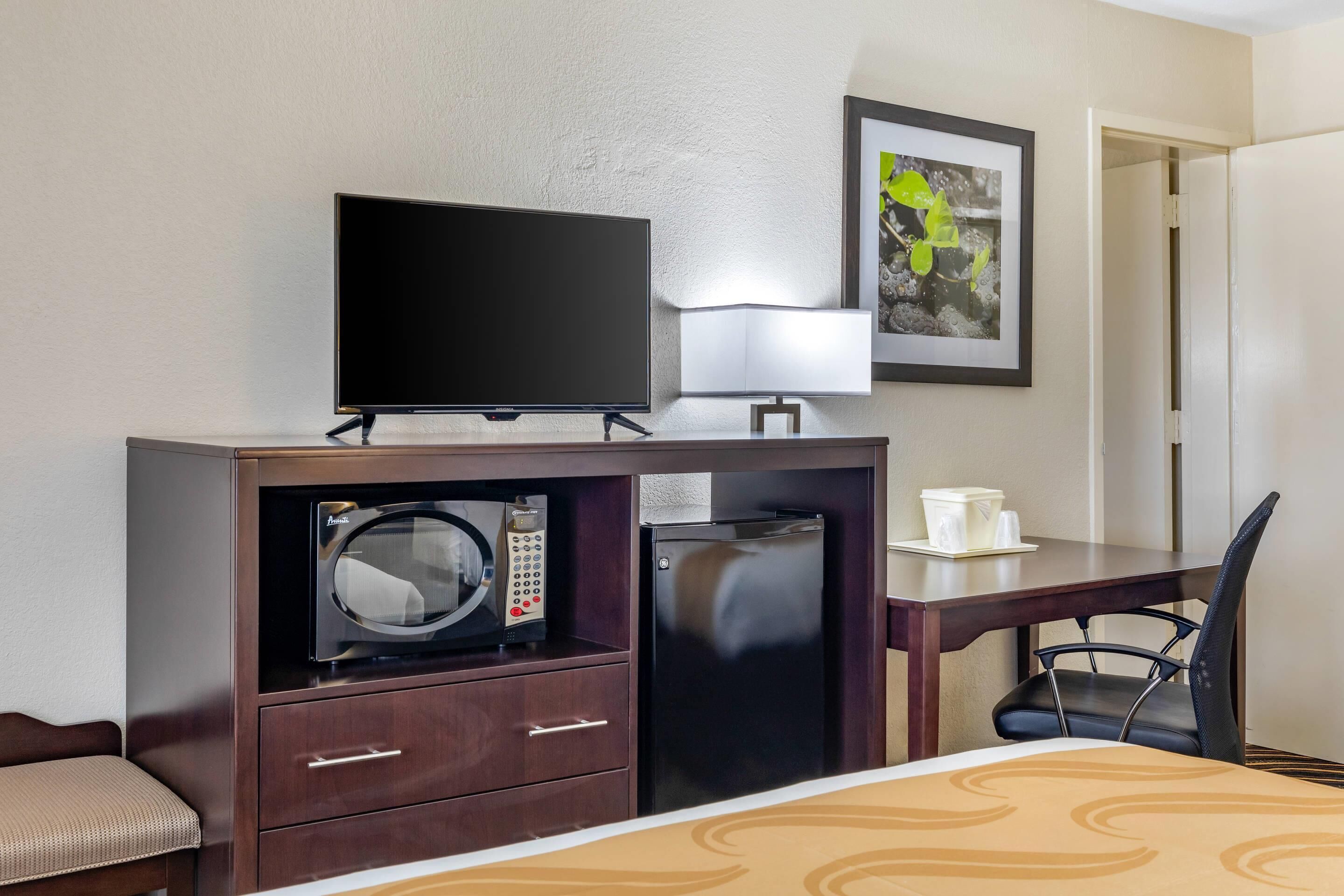 A hotel room with a bed, a desk with a television, a microwave, a refrigerator, a chair, and a framed picture on the wall.
