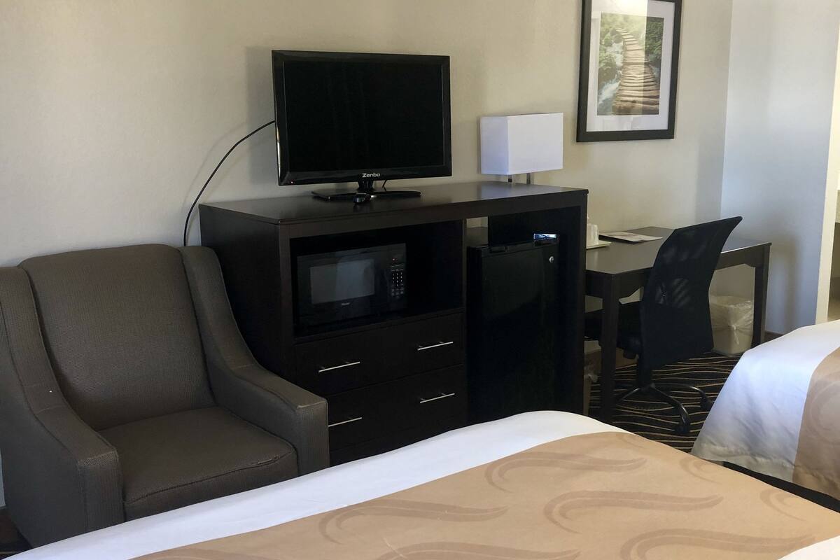 A hotel room with a bed, a desk, a chair, a television, and a framed picture on the wall.