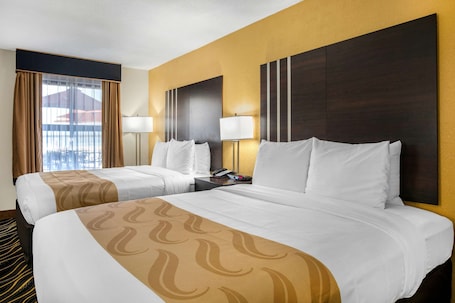 Desk, laptop workspace, blackout curtains, soundproofing. Quality Inn West Fort Worth