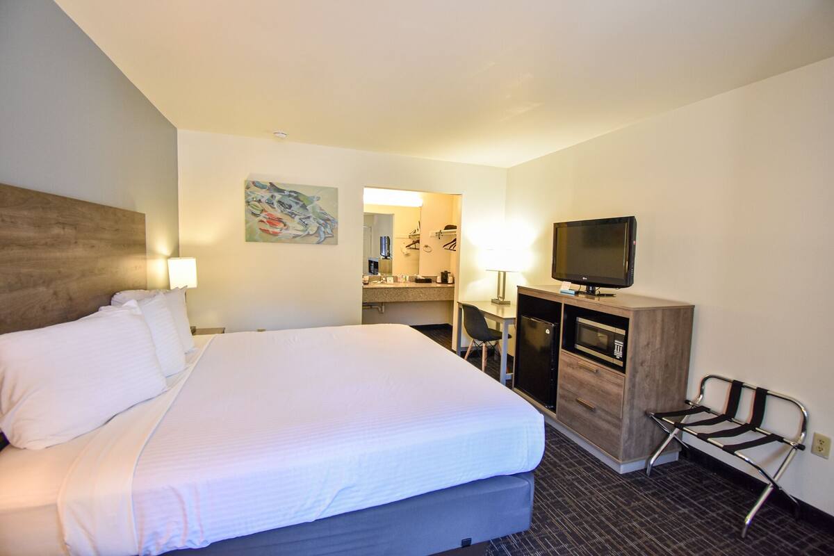 A hotel room with a large bed, a desk with a chair, a television, and a mirror.