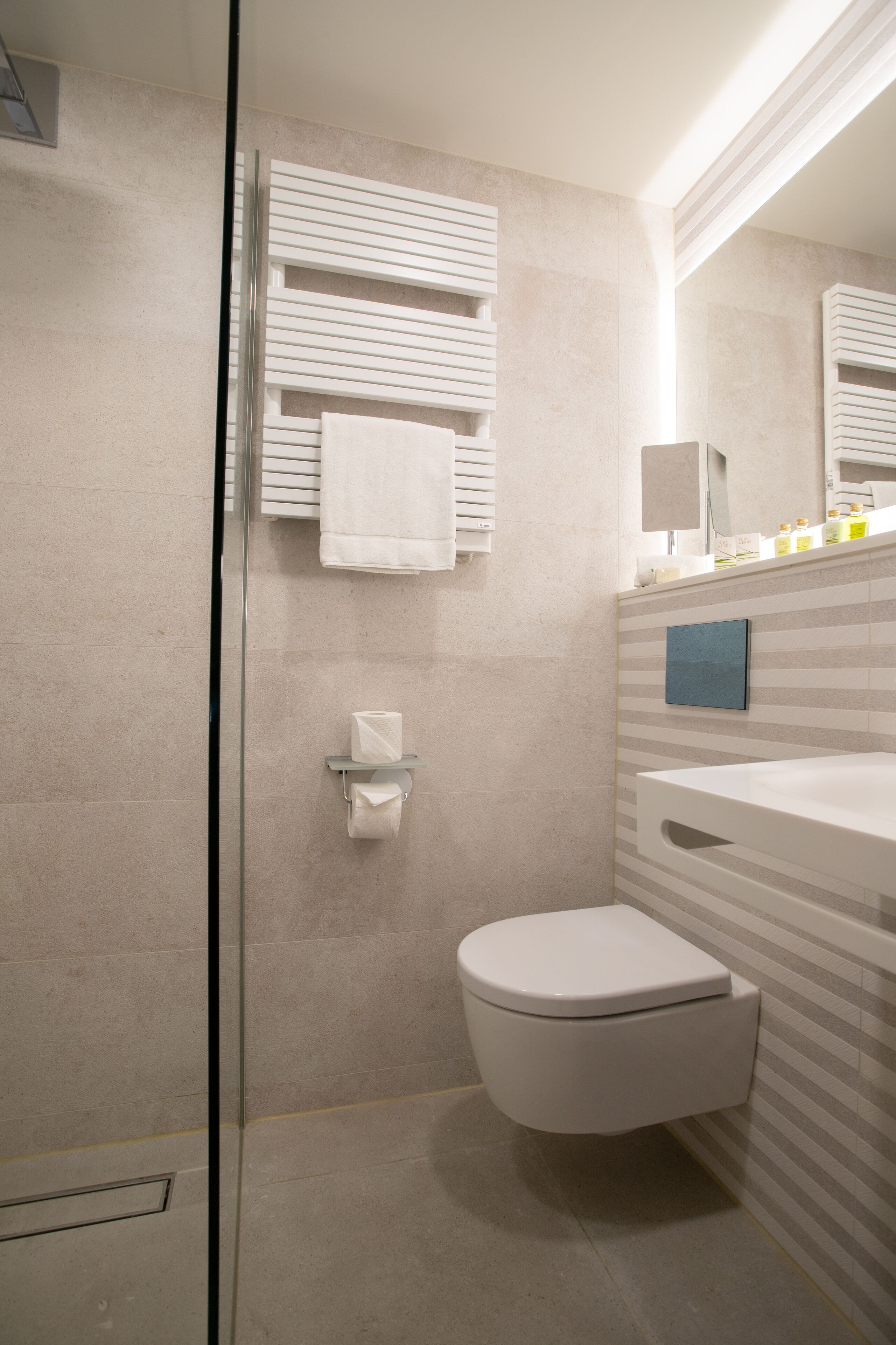A modern bathroom with a glass shower enclosure, a white toilet, and a vanity with a mirror.
