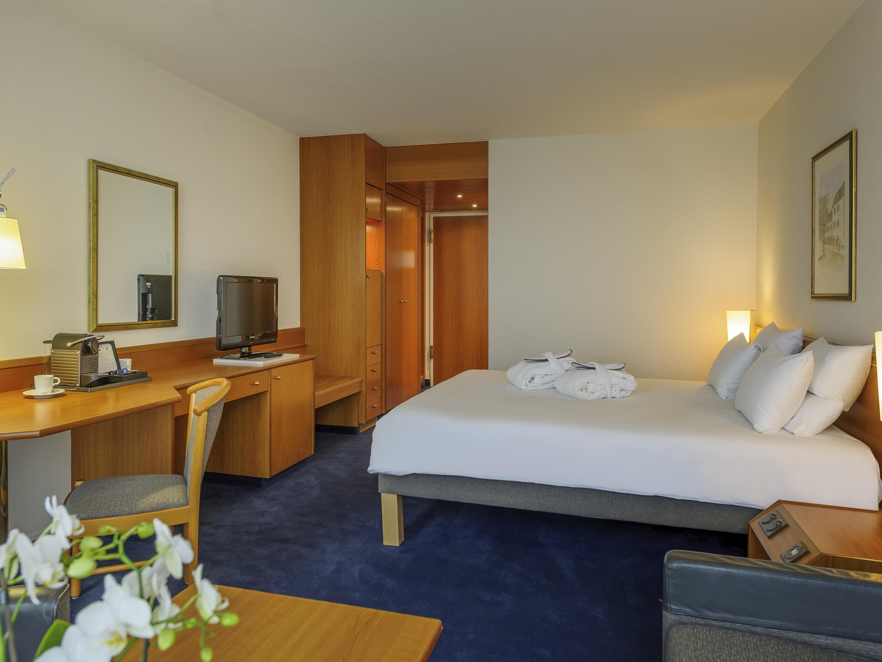 Hypo-allergenic bedding, minibar, desk, blackout curtains