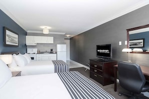 Studio Suite, 2 Double Beds, Kitchen | Desk, laptop workspace, blackout curtains, iron/ironing board