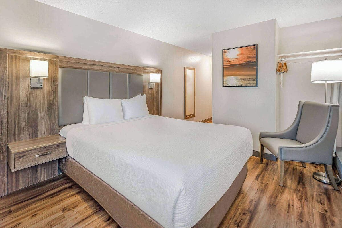 A hotel room with a large bed, a bedside table, a chair, a nightstand, a wall-mounted lamp, and a painting.