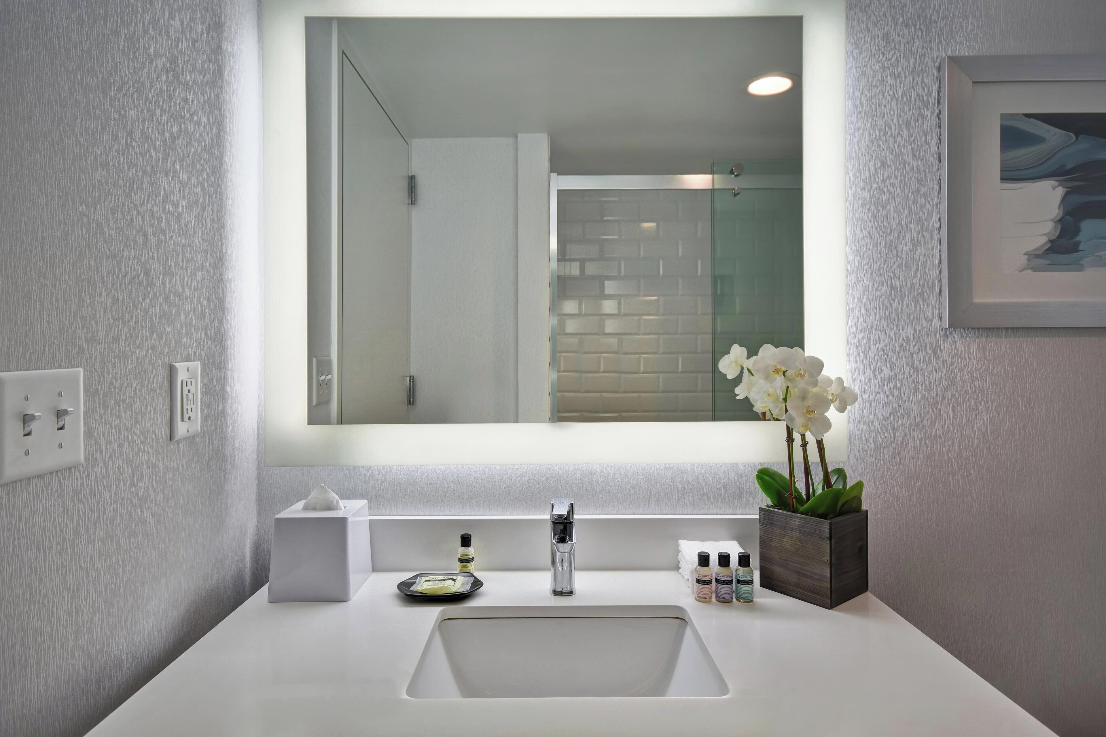 Un baño moderno con un espejo grande, un lavabo blanco y una orquídea en maceta.
