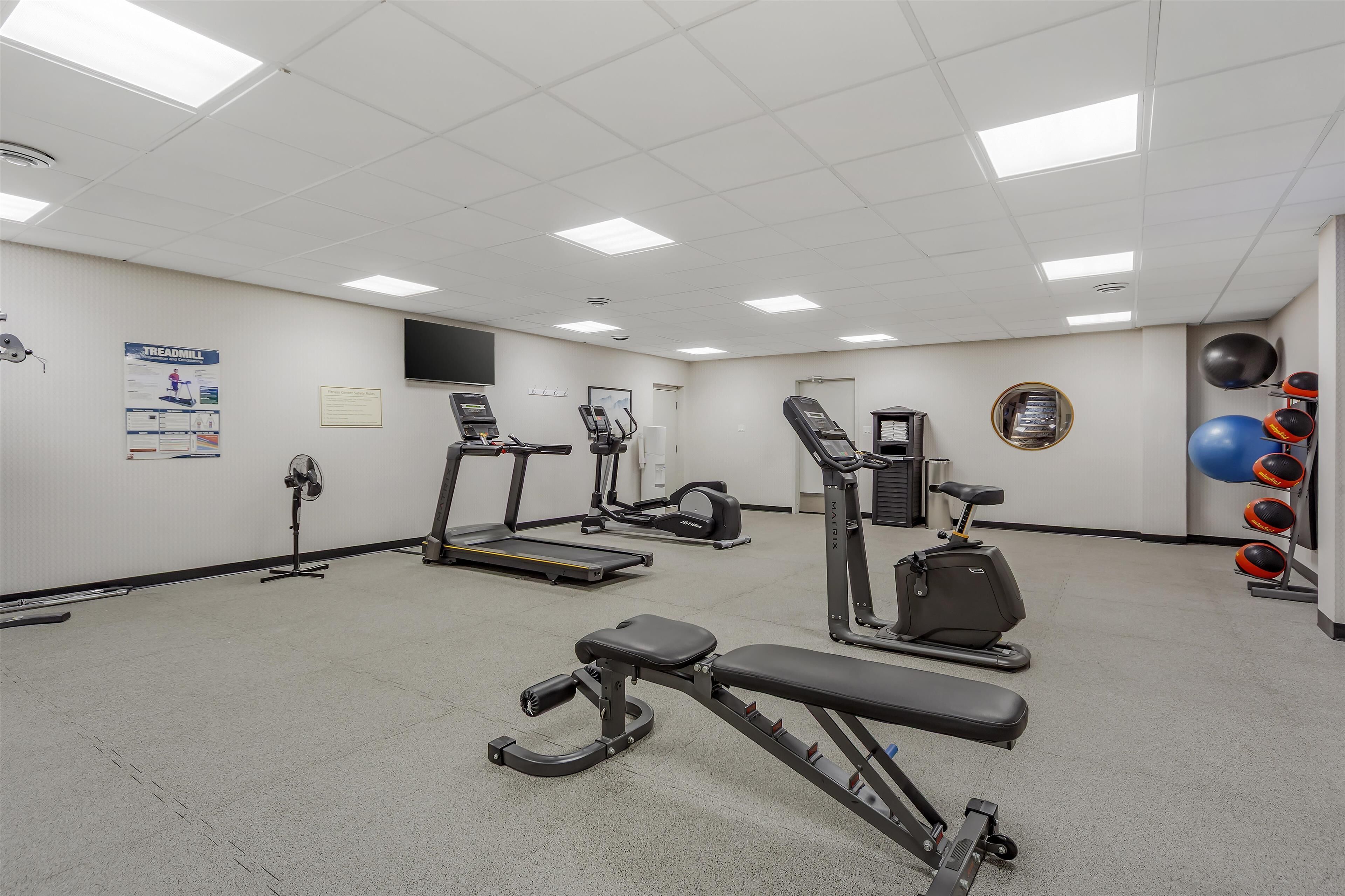 A gym with treadmills, elliptical machines, and weight benches.
