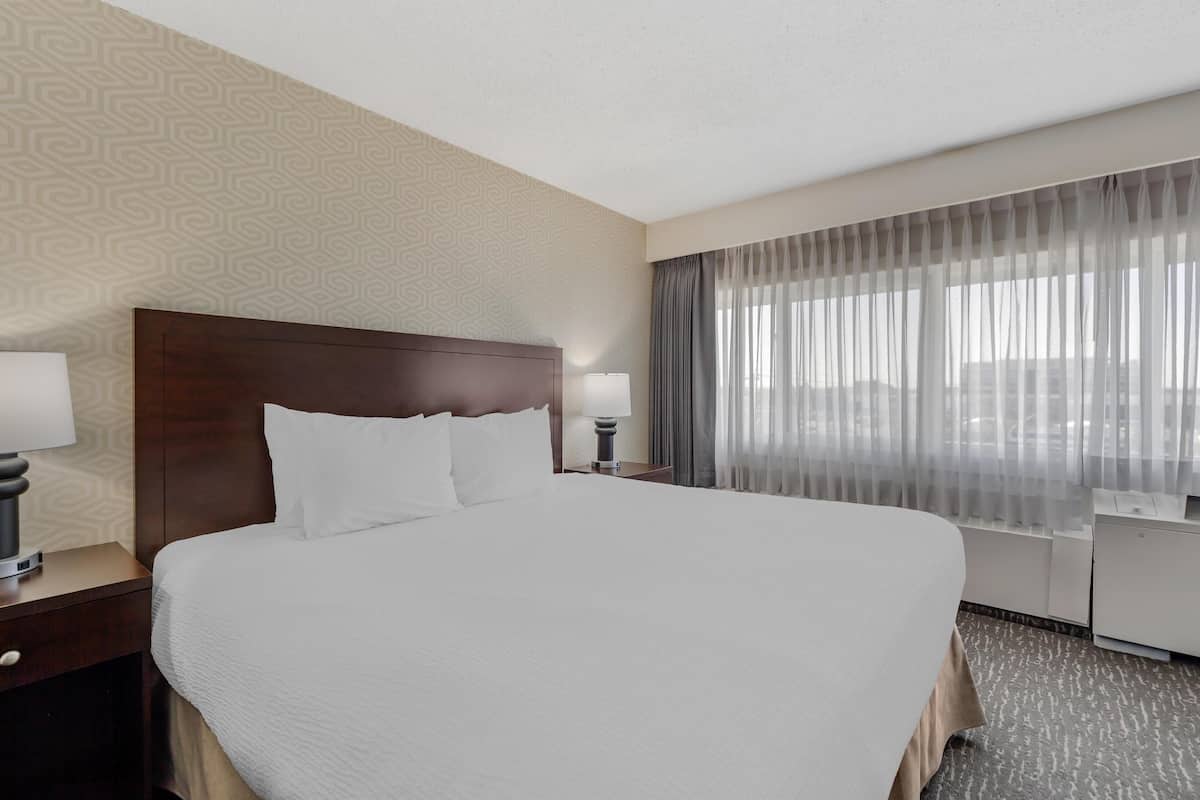 A hotel room with a large bed, a nightstand with a lamp, a desk with a lamp, and a view of the city through sheer curtains.