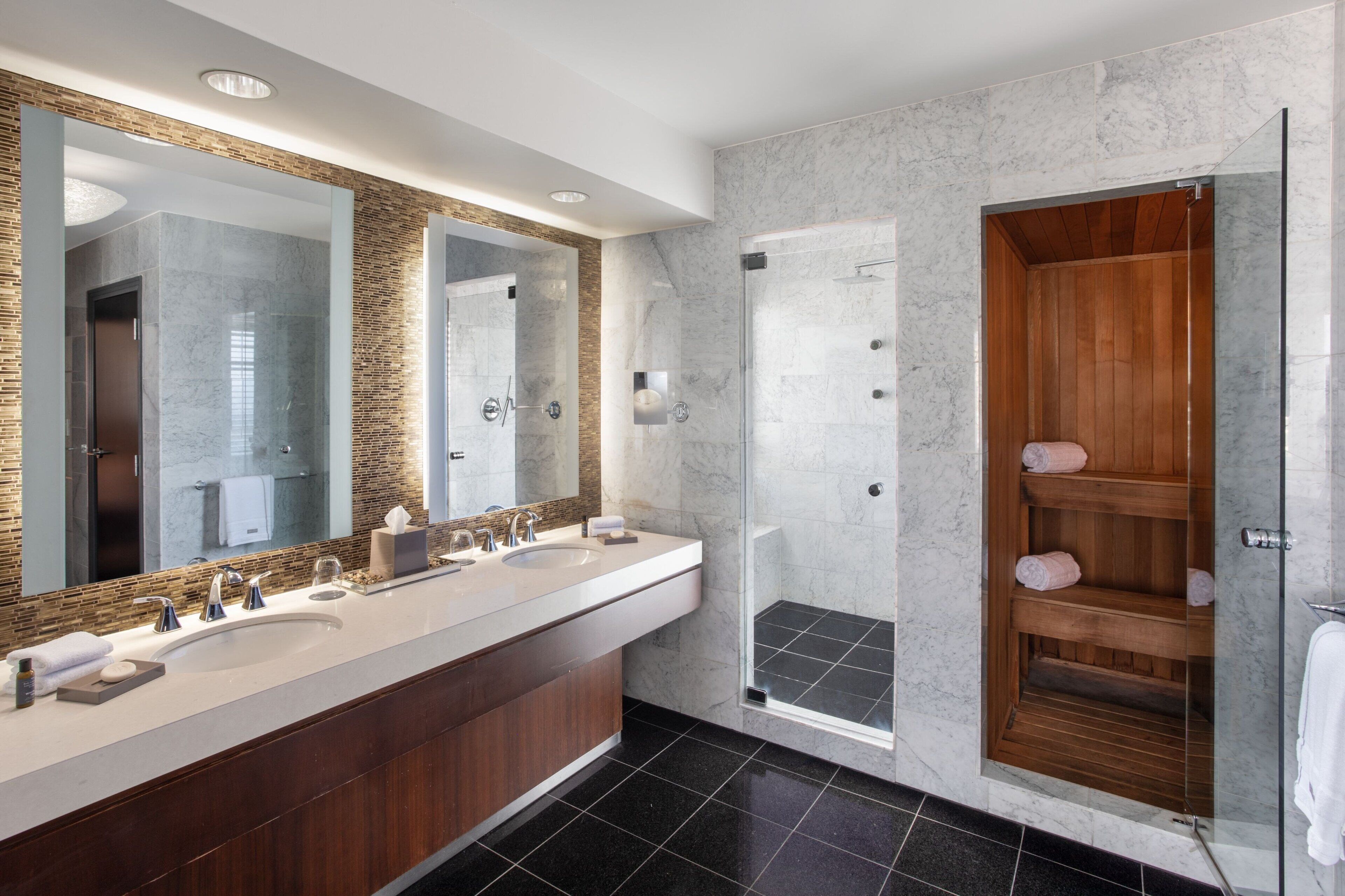 combined shower/bathtub, deep-soaking bathtub, designer toiletries