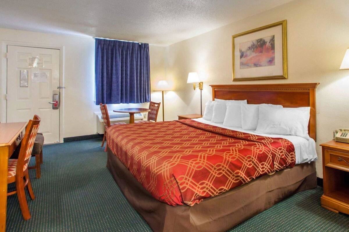 Quarto de hotel com uma cama, uma escrivaninha, uma cadeira, um abajur e um quadro na parede.