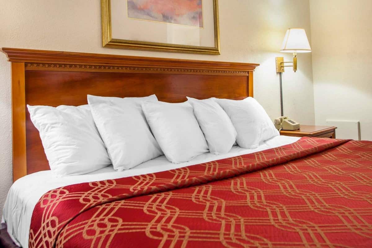 Quarto de hotel com cabeceira de madeira, colcha de cama estampada em vermelho, almofadas brancas, pintura abstrata emoldurada, abajur e telefone em uma mesinha de cabeceira.