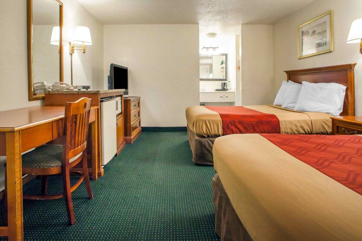 Quarto de hotel com escrivaninha, cadeira, duas camas, televisão e espelho.