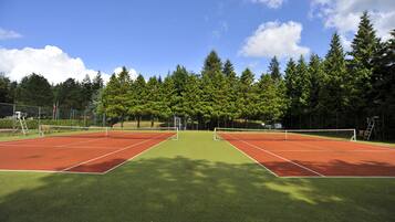 Een tennisbaan met een net in het midden, omringd door bomen en een heldere lucht.