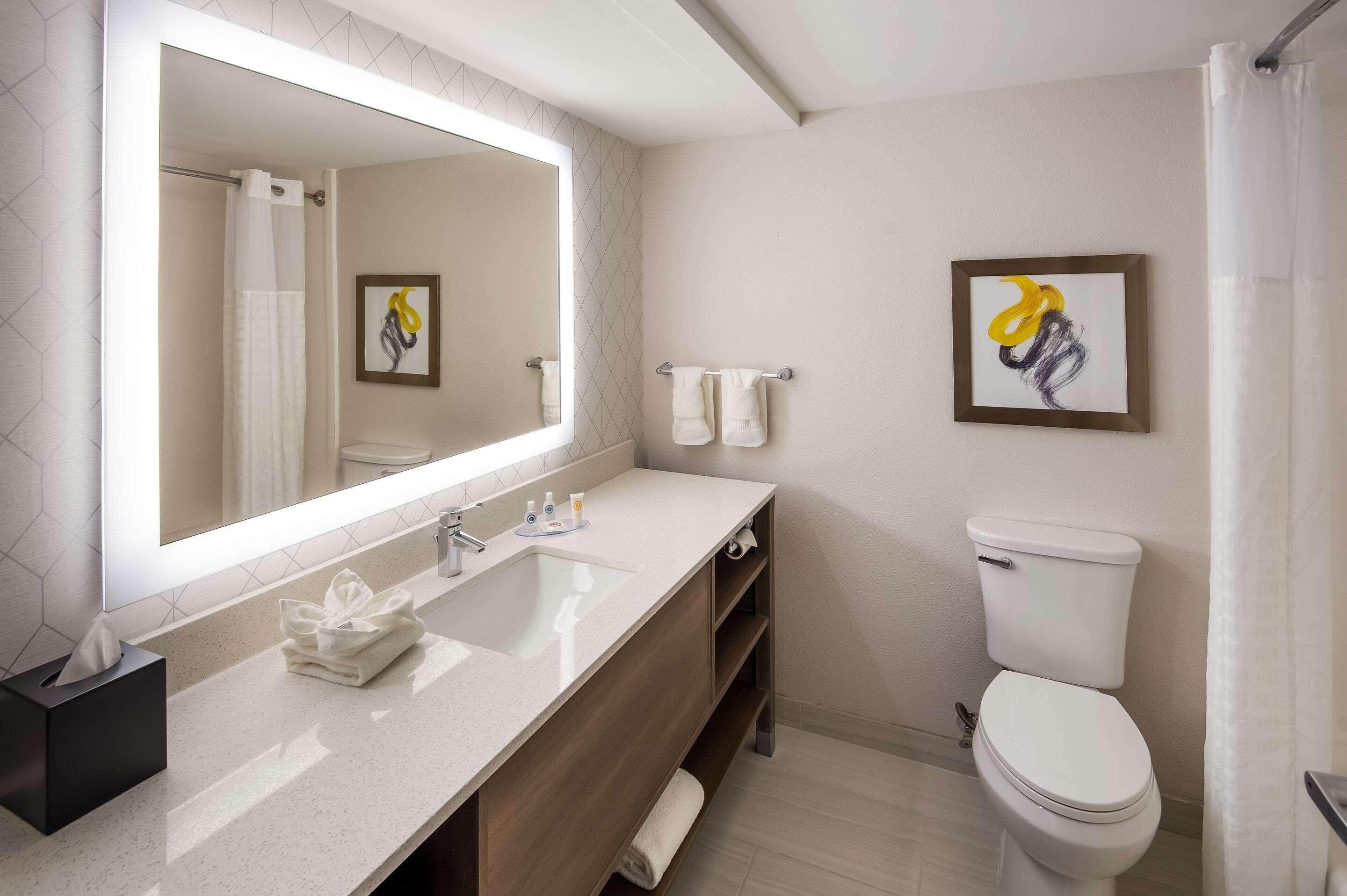 A modern bathroom with a large mirror, a sink, a toilet, and a shower curtain.
