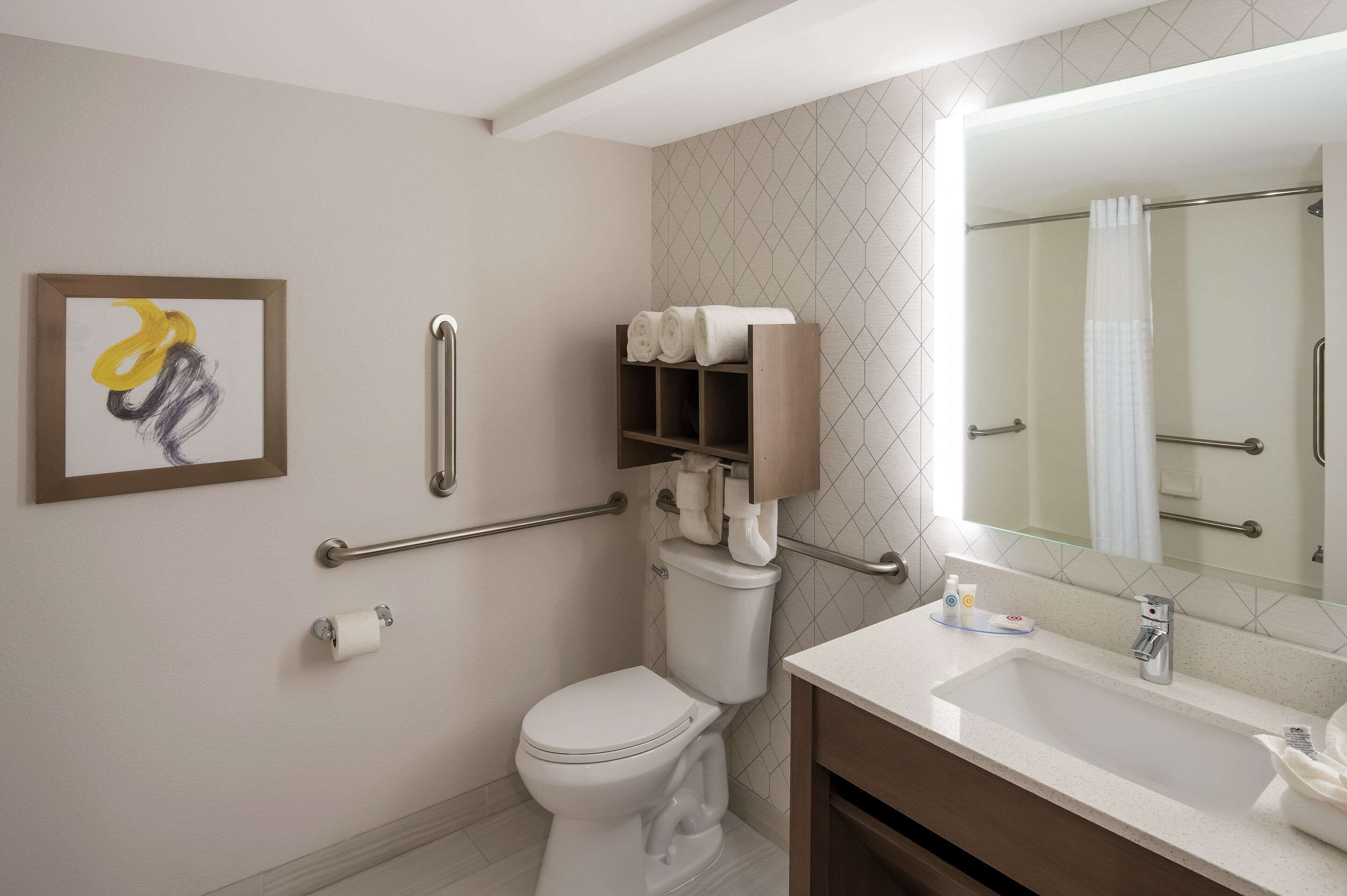A modern bathroom with a toilet, handrails, a sink, and a mirror.