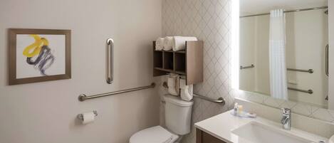 A modern bathroom with a toilet, handrails, a sink, and a mirror.