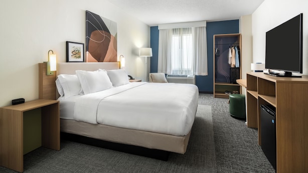A hotel room with a large bed, a desk with a television, a wardrobe, and a window with curtains. - Spark by Hilton Kansas City Plaza Streetcar (Kansas City)