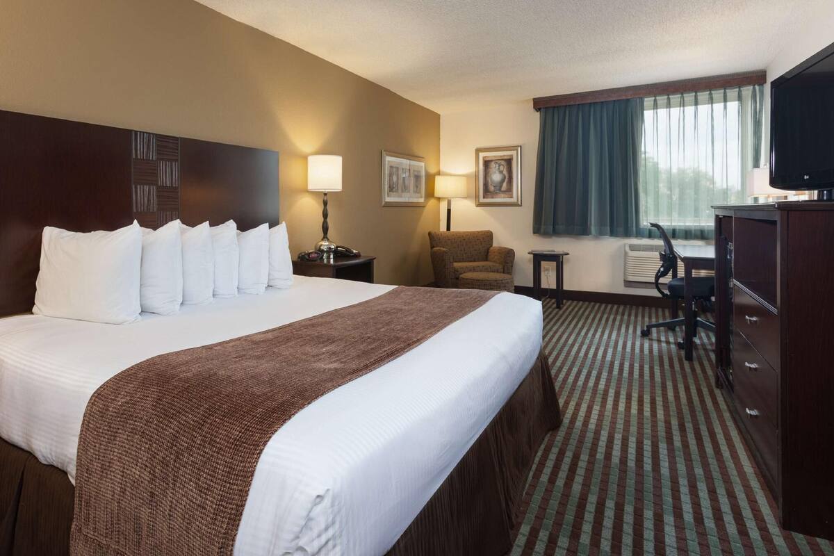 Hypo-allergenic bedding, down comforters, desk, blackout drapes