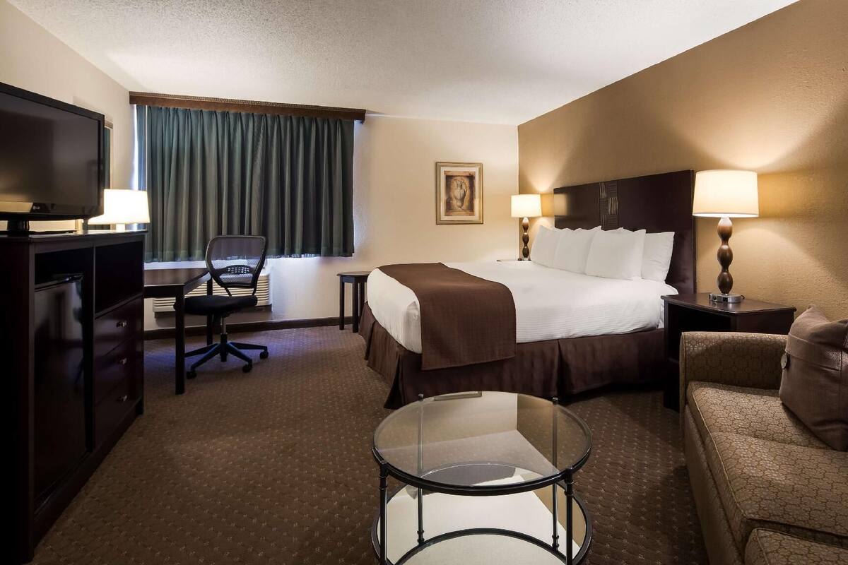 Hypo-allergenic bedding, down comforters, desk, blackout drapes