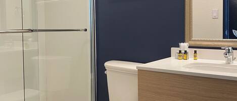 Combined shower/bathtub, free toiletries, hair dryer, towels