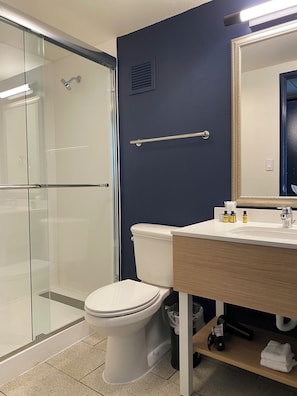 Combined shower/tub, free toiletries, hair dryer, towels