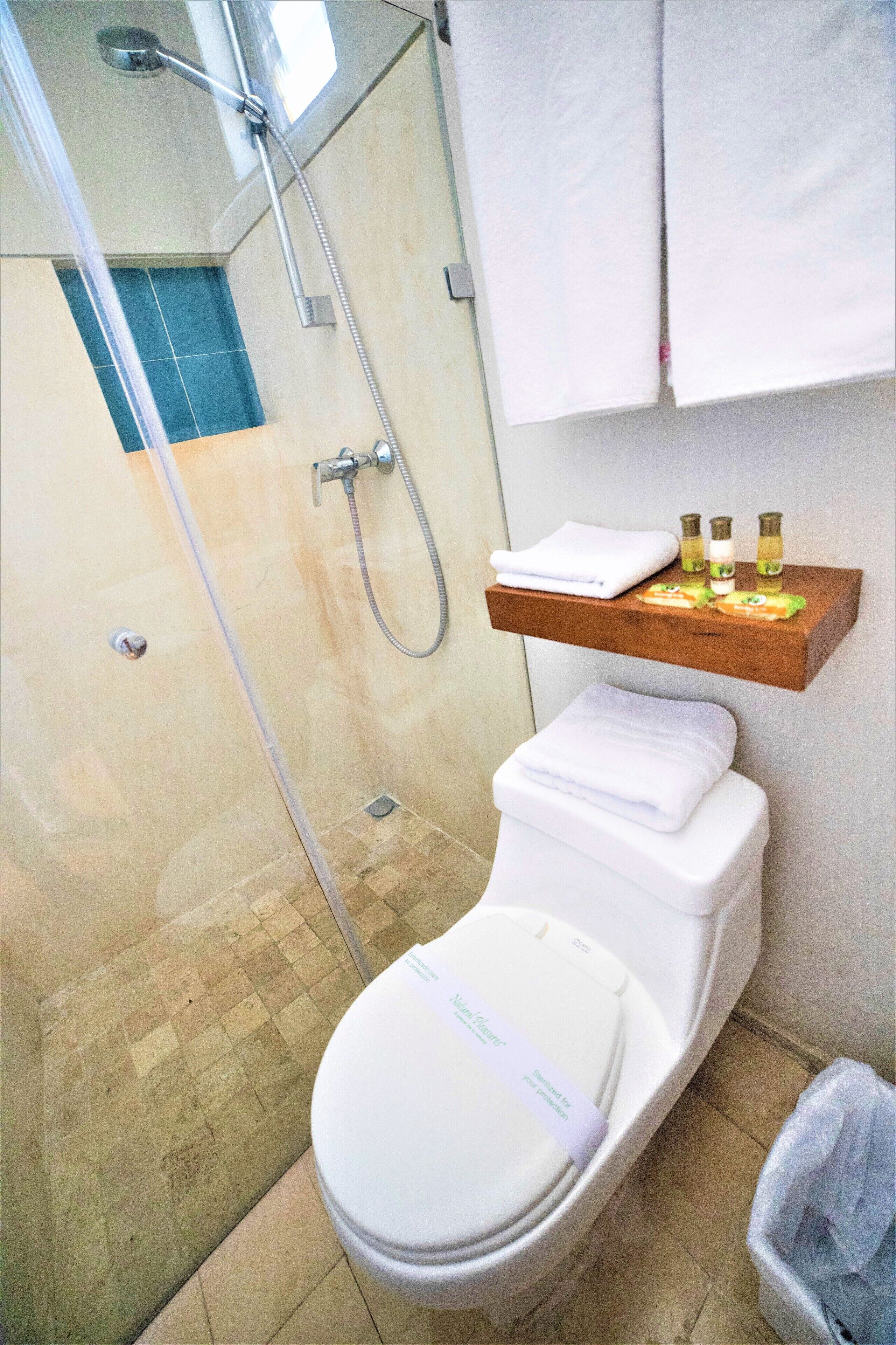 Un baño con ducha, inodoro y un estante con artículos de aseo.