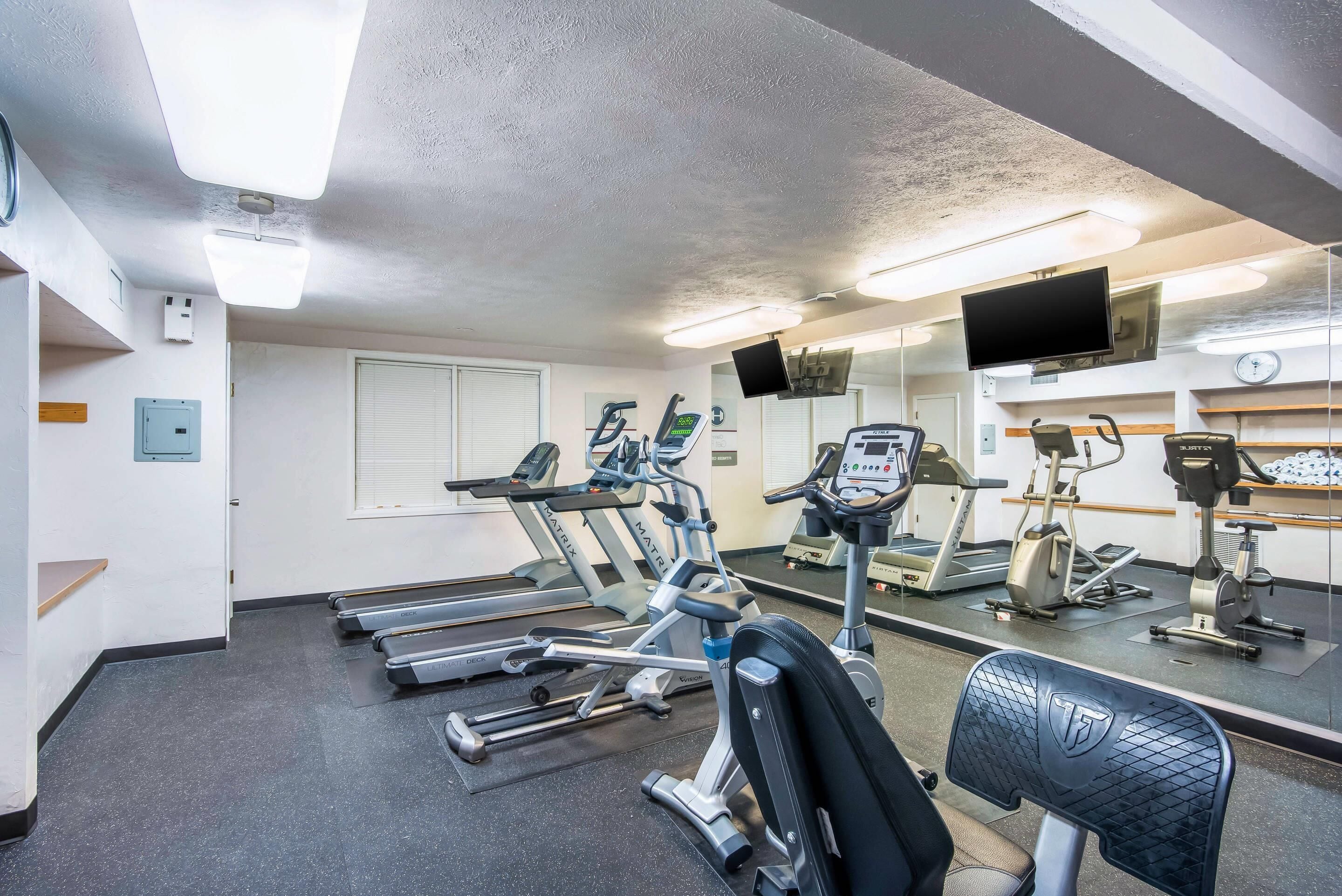 A gym with treadmills, exercise bikes, and a mirrored wall.