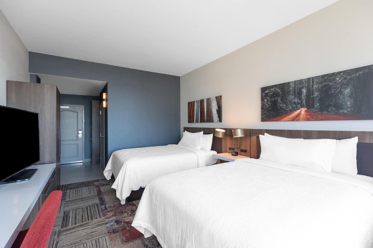 Een hotelkamer met twee bedden, een televisie, een bureau en een schilderij aan de muur.