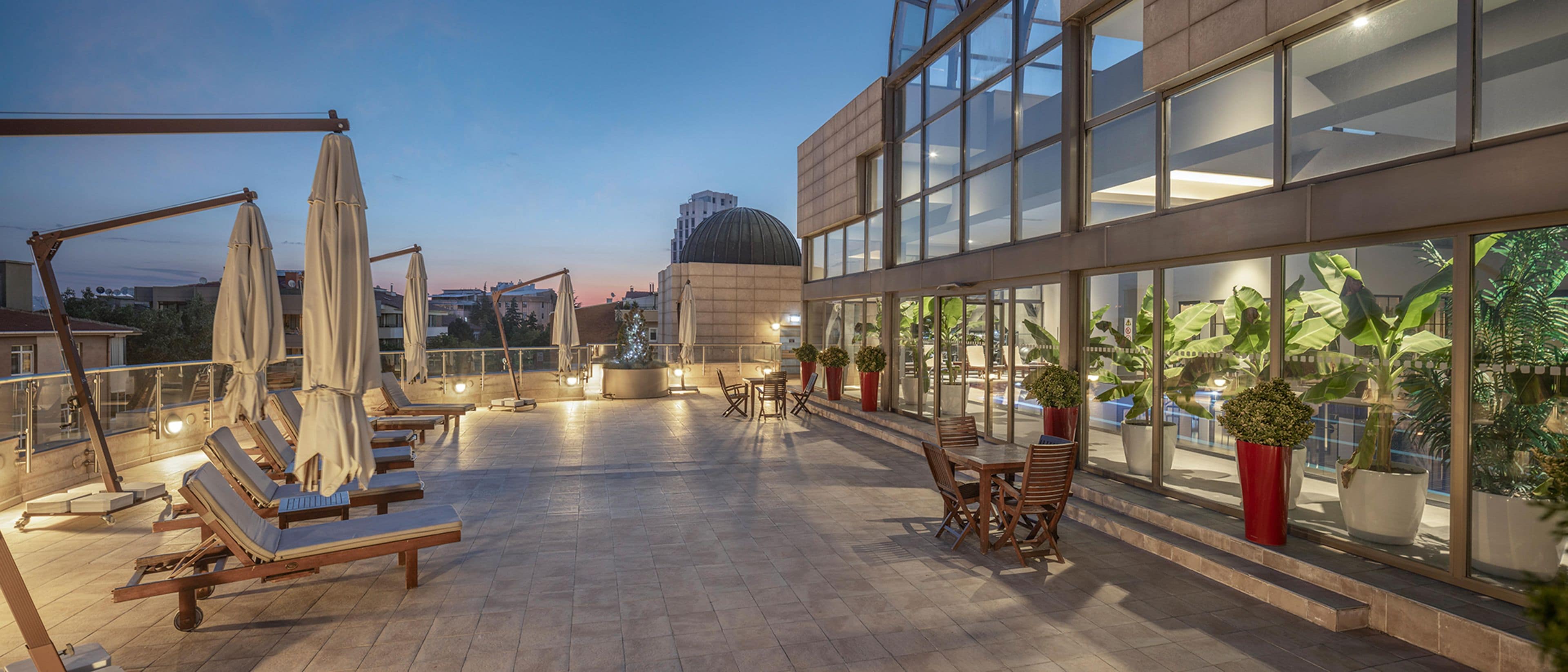 Una terraza en la azotea con sillones de sol, zona de comedor y plantas en macetas.