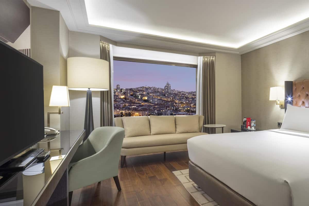 A hotel room with a large bed, a desk, a chair, a TV, and a city view.