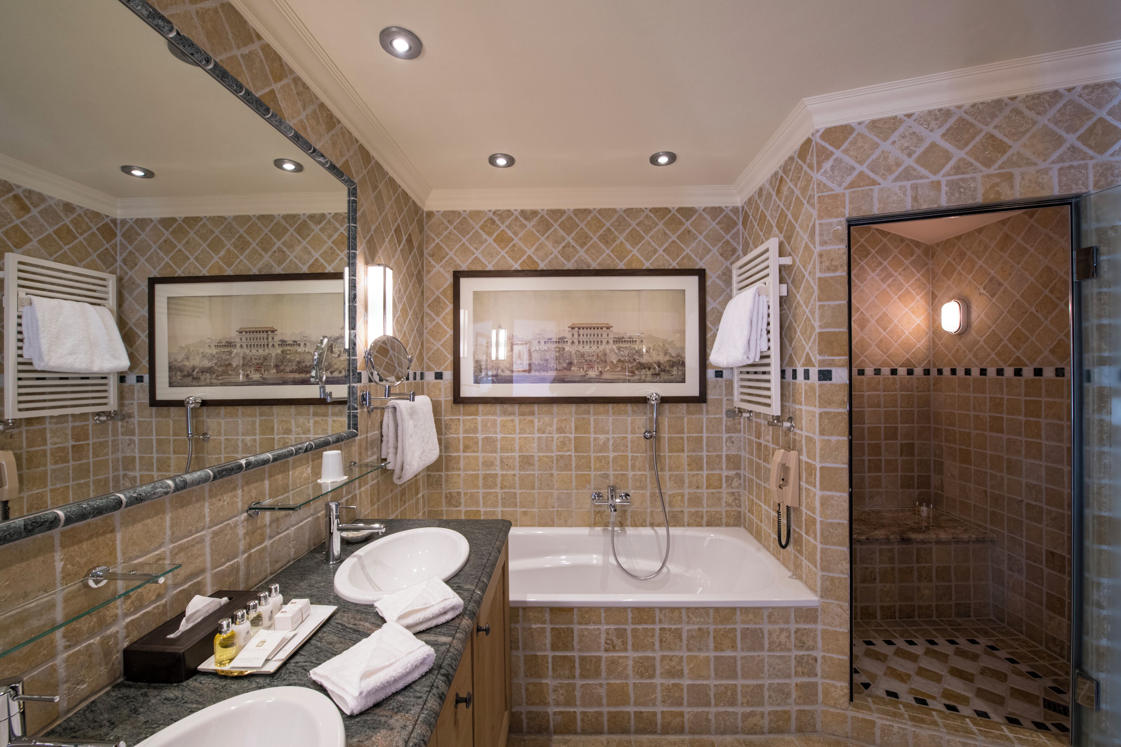 Une salle de bain moderne avec une baignoire, une douche à l’italienne et un grand miroir.
