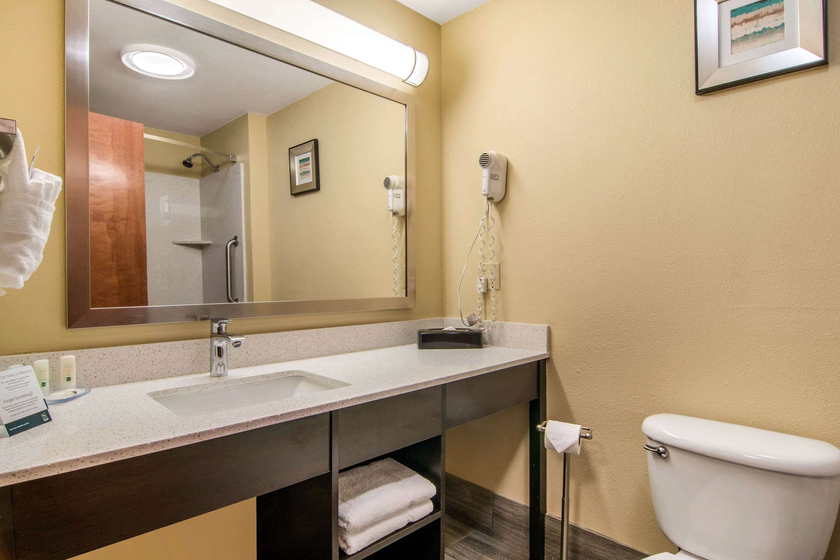 Un baño de hotel con lavamanos, espejo e inodoro.