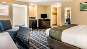 A hotel room with a bed, a desk, a chair, a television, a dresser, and a mirror.